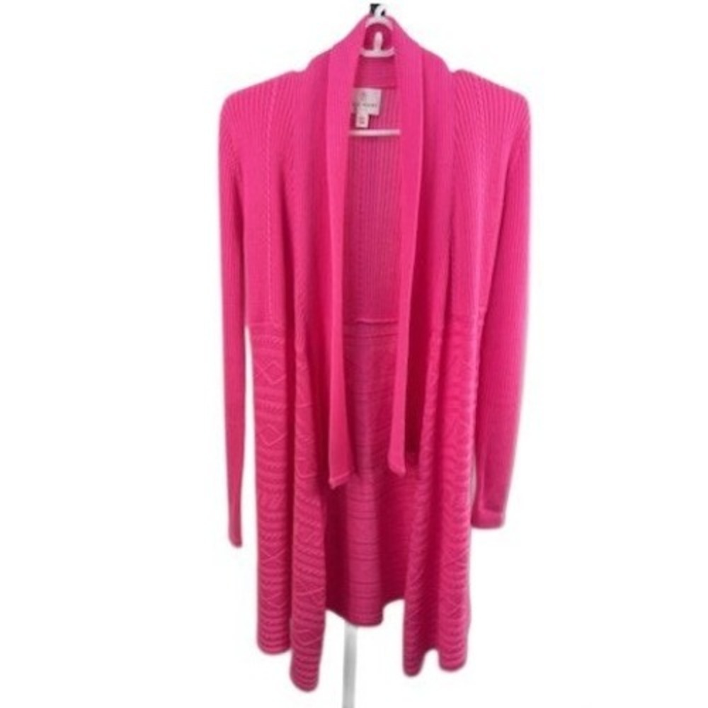 Julie Brown Long‎ Sweater Women's Size M/L Hot Pink Cable Ribbed Open Cardigan
